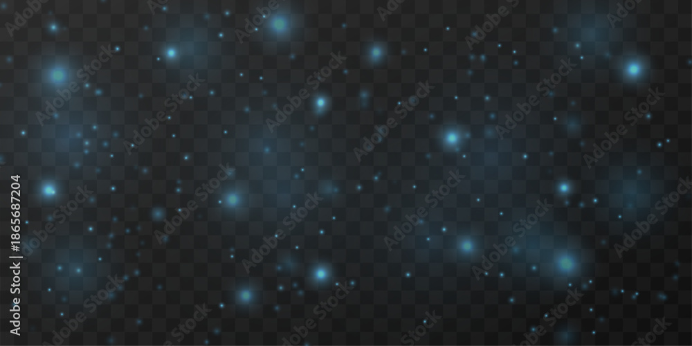 Obraz premium Blue glowing dust sparkles with glitter and shimmer across soft bokeh. Twinkle, sparks, luminous highlights, and flare form magical holiday light. Christmas png vector illustration.