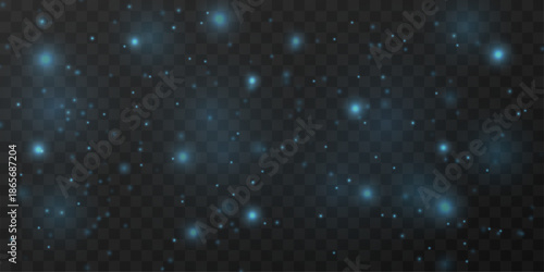 Blue glowing dust sparkles with glitter and shimmer across soft bokeh. Twinkle, sparks, luminous highlights, and flare form magical holiday light. Christmas png vector illustration.