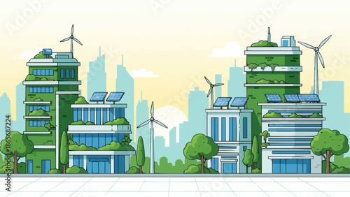 Modern eco-friendly city skyline with green buildings and wind turbines.