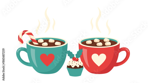Two festive mugs of steaming hot chocolate with marshmallows, one with a candy cane, are paired with a cute Christmas cupcake and holly.