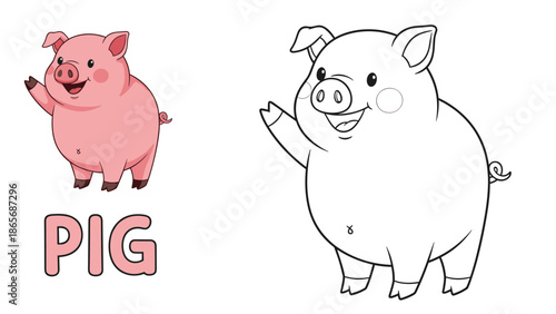 An educational coloring page for young children featuring a cute cartoon pig waving, with a colored example and the word 'PIG' to trace.