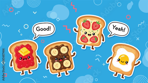 Four adorable kawaii toast characters with different toppings like jam, chocolate banana, strawberry, and a fried egg are happily interacting.