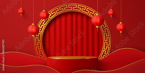 3d Asian vector podium stage with red Chinese lanterns, flowing waves and round golden arch with traditional ornament. Festival Asian event, lunar new year, luxury cosmetics product promotion podium