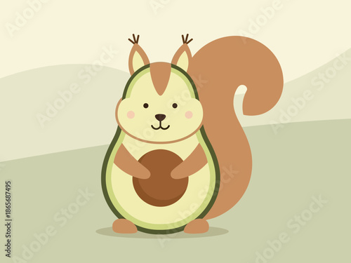 Adorable cartoon illustration features a creative avocado squirrel character holding a nut against a soft pastel green background design