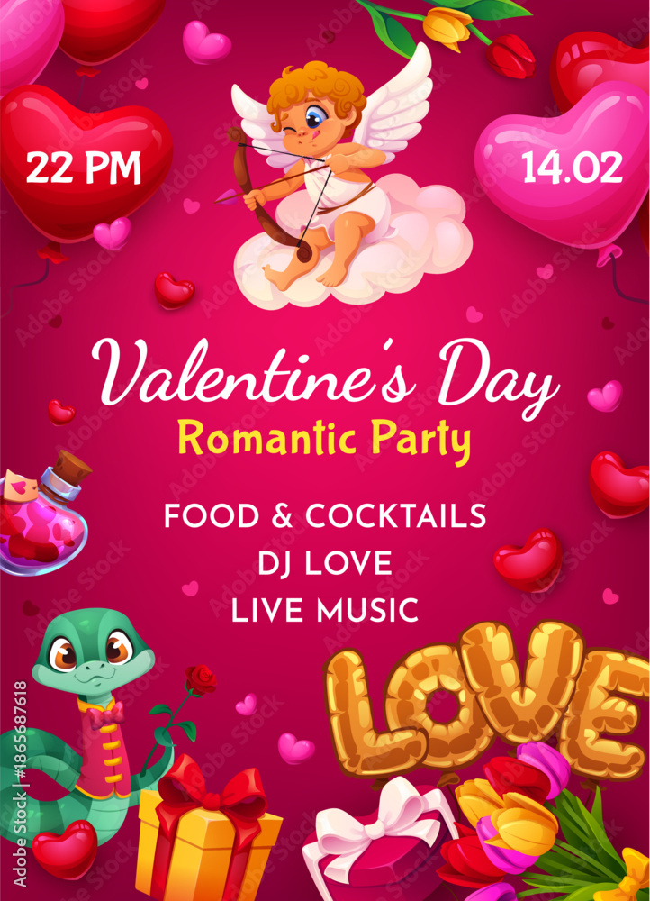 Fototapeta premium Valentine Day party flyer of cartoon Cupid and snake characters with love holiday gifts. Valentines romantic party vector flyer with cute cherub angel, love arrows, heart balloons, flowers and gifts