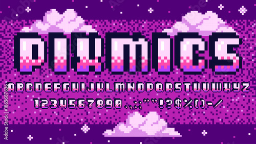 Pixel art font, retro 8 bit game type alphabet. Old computer digital font letters, numerals and punctuation marks at vector background of retro arcade game space purple pixel sky and clouds