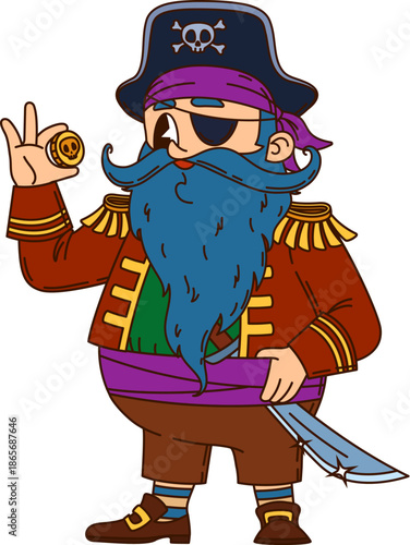 Pirate crew blue beard captain cartoon character. Cheerful pirate mascot, filibuster captain isolated vector personage. Corsair fighter character with long blue hair, holding piaster golden coin