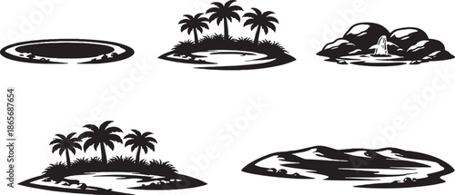 Desert Oasis Water and Palm Silhouette Set eps