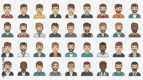 Diverse Group of Cartoon Men Avatars with Various Hairstyles and Facial Hair.