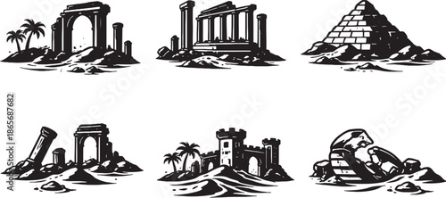 Photos Ancient Desert Ruins and Historical Silhouette Set eps