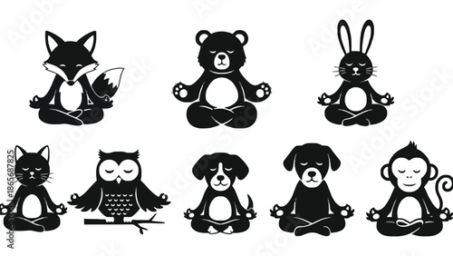 Various animals are meditating in a peaceful and calm setting.