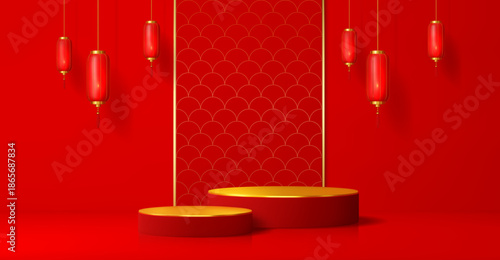 3d Asian vector podium stages with golden top surface stands, red Chinese lantern, round stand and wall decorated with golden ornament. Lunar new year product display, Asian event podium display