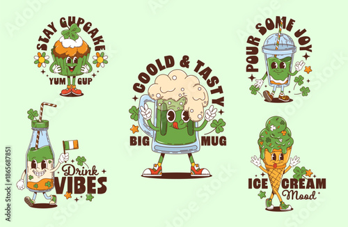 St Patrick groovy character stickers and t shirt prints for Irish holiday, cartoon vector. Funny groovy green ale beer tankard with Ireland flag, cupcake with shamrock for Saint Patrick characters