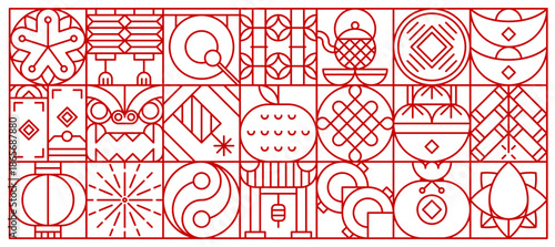 Chinese Lunar New Year geometric pattern in red and white colors with abstract shapes and minimalist design. Vector background features Asian lattice elements for festive postcards, fashion textures