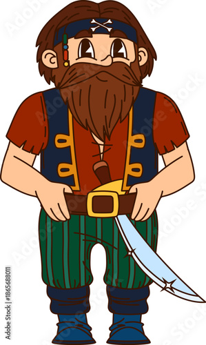 Corsair pirate crew bearded and hairy sailor cartoon character. Cheerful boatswain personage, pirate bandit isolated vector mascot. Corsair character with big beard and cutlass sword behind belt