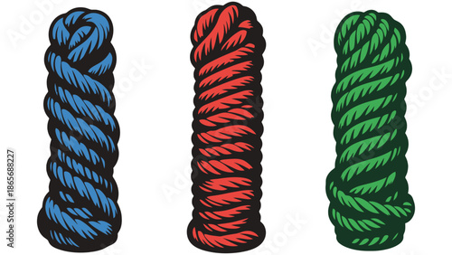 Three thick ropes are coiled and displayed in blue, red, and green colors.