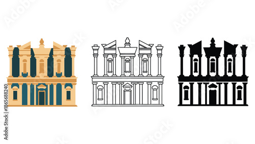 Three stylized depictions of an ancient building facade.