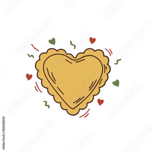 Heart shaped ravioli illustration with cute floating hearts in retro aesthetic style