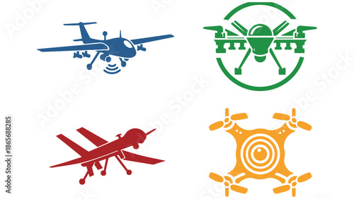 Four stylized drone icons are displayed in different colors and designs.