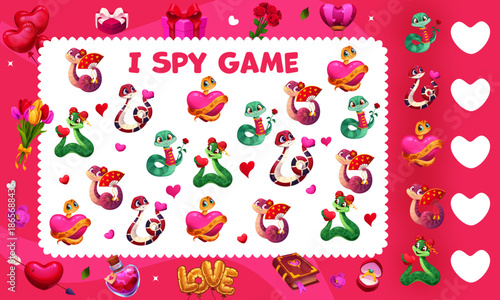 I spy game worksheet to find and match the same picture of snake characters, vector puzzle quiz. I spy game for kids with Valentine hearts, wedding rings, gifts and flowers to match same pictures