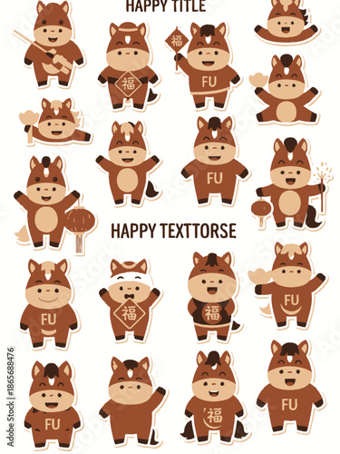 Cute Cartoon Horse Characters in Various Poses and Outfits.