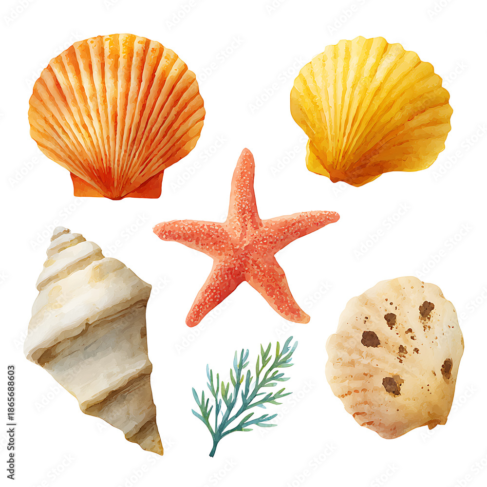 Obraz premium Seaside Shells and Starfish Natural Elements Illustration