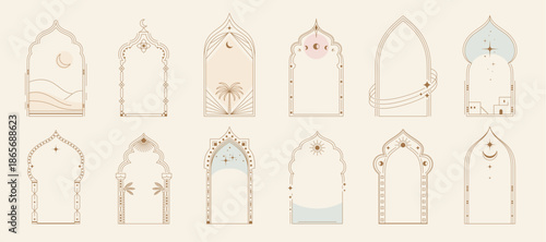 Arabian muslim ramadan boho arch frames. Vector modern islam arch with moon and stars for eid mubarak and ramadan holiday celebration. Arab mosque gate line design with trendy bohemian decorations