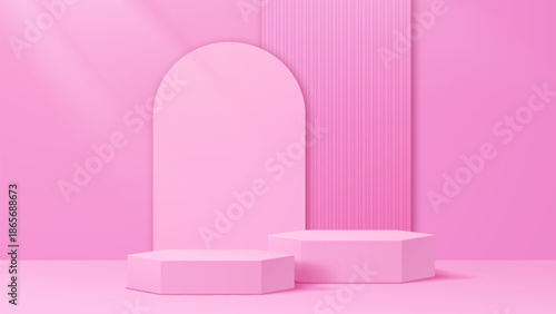 3d pink podium stage pedestals with romantic arch backdrop. Realistic vector mockup with luxury showcase space for product presentation in beauty or fashion. Geometric hexagonal display platform