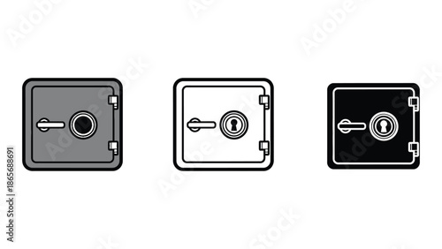 Three different styles of a safe are displayed side by side.