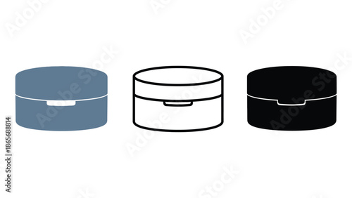 Three different colored containers with lids are shown.