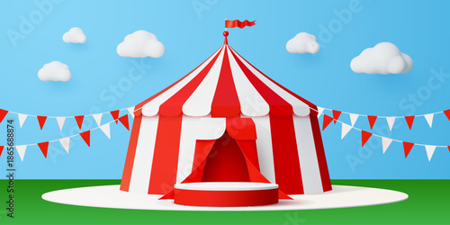 3d circus vector podium stage with striped big top tent, pennant garland flags and cloud on blue sky. Carnival promotion, amusement park, entertainment podium circus stand or festive marquee tent