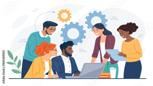 Diverse team collaborating on project with laptop and documents in modern office setting