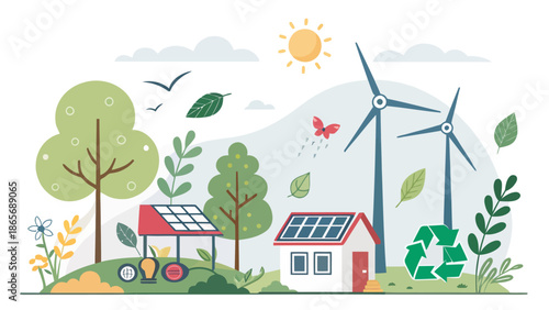 Eco friendly house with solar panels and wind turbines in green landscape