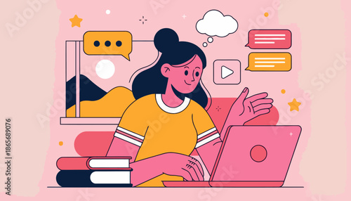 Woman engaged in online learning with laptop and books nearby