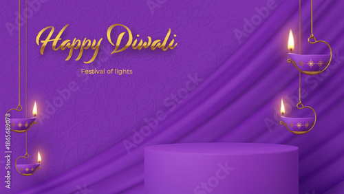 Indian holiday Diwali podium stage with lanterns diyas. 3d vector elegant purple happy Diwali greeting text and fabric texture with traditional floral patterns, celebrating the festival of lights