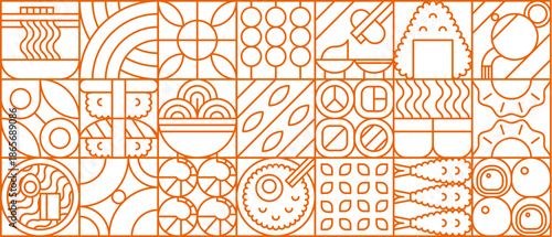 Japanese food modern geometric pattern with linear Asian food motifs arranged in outline orange grid. Vector retro background with culinary elements like sushi, rolls, fish, shrimps and seafood meals