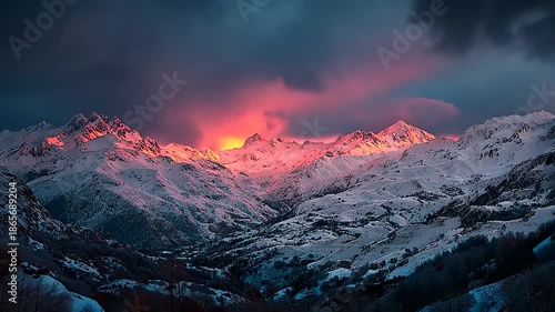 Majestic snowy mountains at sunrise, with vibrant pink and orange hues reflecting off the