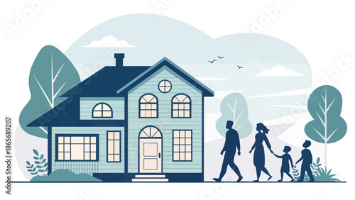 Family walking towards their dream home in the suburbs happily