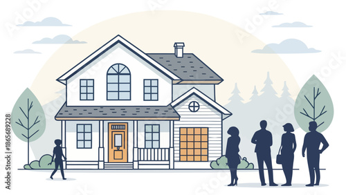 Family standing in front of their dream home exterior