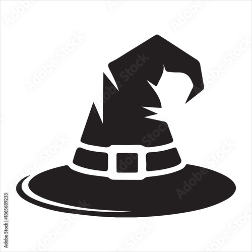 Black Witch Hat with Wide Brim and Buckle Detail pointed