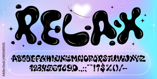 Black liquid ink bubble font, y2k funky type 3d wavy typeface, abstract alphabet on dreamy pastel gradient background. Vector groovy psychedelic trippy hippy type, retro abc letters, numbers, symbols