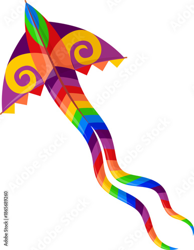 Cartoon festive flying paper kite toy with bold rainbow stripes, spiral wing ornament, long trailing ribbons. Kids sports vector paper wing, Indian festival flying toy. Makar Sankranti holiday kite
