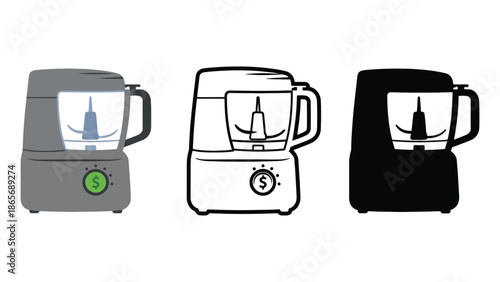 Three different styles of a food processor are shown in this image.