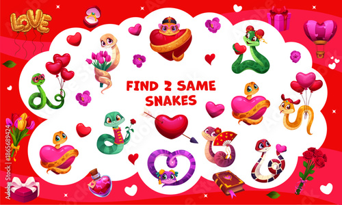 Find two same valentines day snakes. Kids game worksheet with cartoon reptile characters. Vector educational children riddle, leisure activity with adorable snakes in love with hearts and flowers