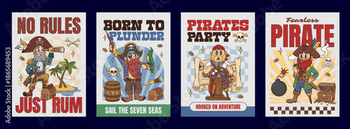 Pirate and corsair groovy hippie characters piracy posters. Vector retro adventurous rovers with swords, treasure, maps and parrots, islands, ship wheels and gold coins. Vintage comic personages