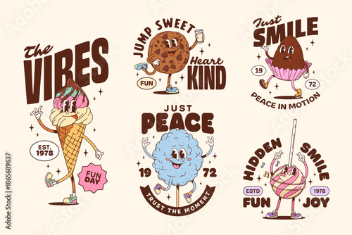 Bakery and dessert groovy characters stickers and sweets t shirt prints. Retro cartoon vector y2k ice cream, cookie, candy, cupcake, cotton candy and lollipop with fun, cheerful expressions and quotes