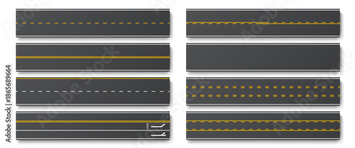 3d realistic top view asphalt road segments with traffic patterns such dashed lines, solid and double lanes and directional arrows. Vector for transportation maps, driving simulations or city planning
