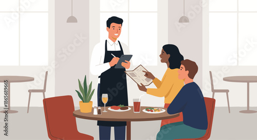 Waiter Taking Customer Order
A flat vector illustration of a waiter standing beside a table, taking an order from seated customers using a notepad or tablet. The waiter wears a uniform or apron.