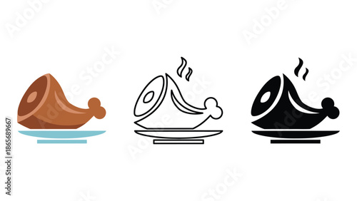 A cooked ham hock served on a plate in three different illustration styles.