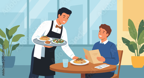 Waiter Serving Food
A flat vector illustration of a waiter carrying a tray with plates of food and serving a customer at a dining table. Food dishes are clearly visible. 